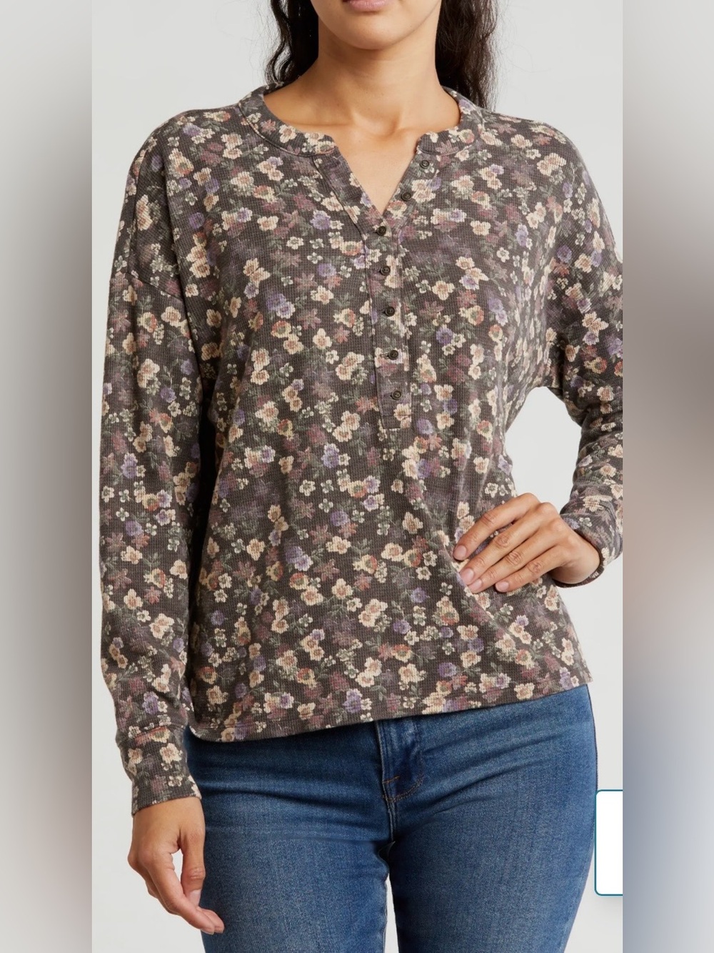 Lucky Brand Floral Waffle-Knit Henley Long Sleeve Thermal